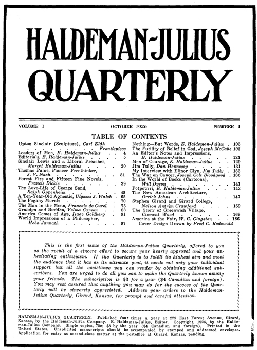 Haldeman-Julius Quarterly, Vol. 1, No. 1.